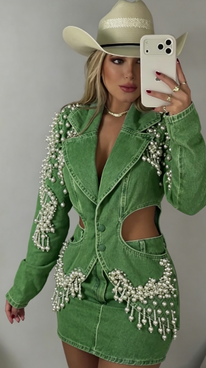 Marseline — Denim-Set mit Perlenfransen, Jacke & Rock