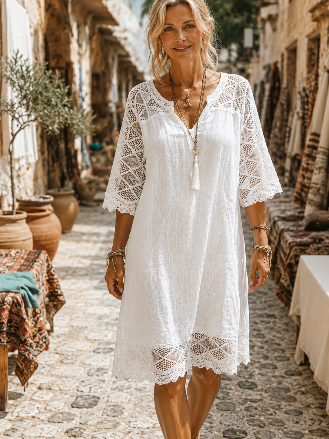 Kim — Spitzen-Patchwork-Kleid mit V-Ausschnitt, Casual-Stil