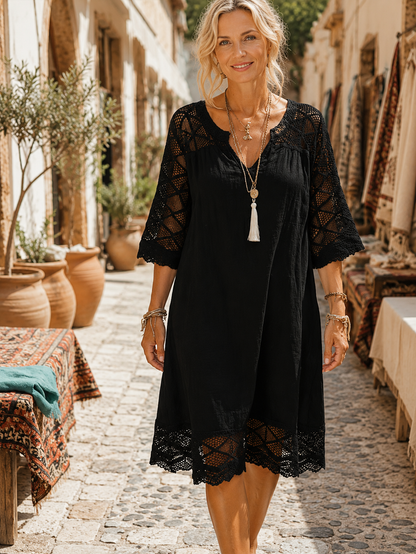 Kim — Spitzen-Patchwork-Kleid mit V-Ausschnitt, Casual-Stil