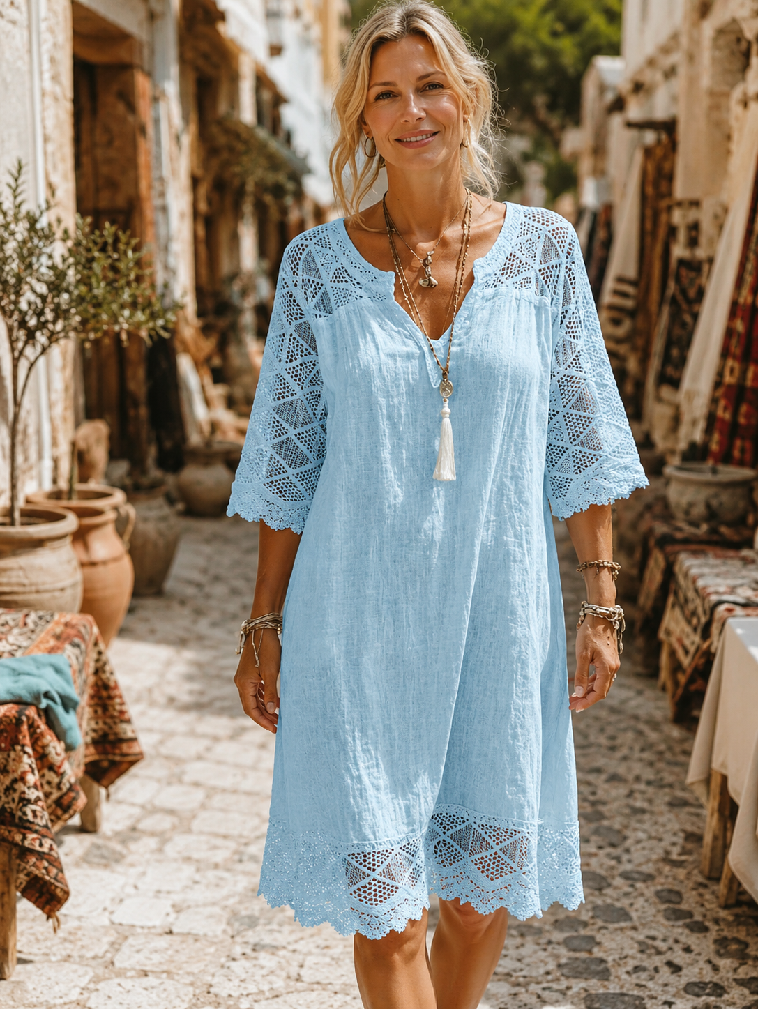 Kim — Spitzen-Patchwork-Kleid mit V-Ausschnitt, Casual-Stil