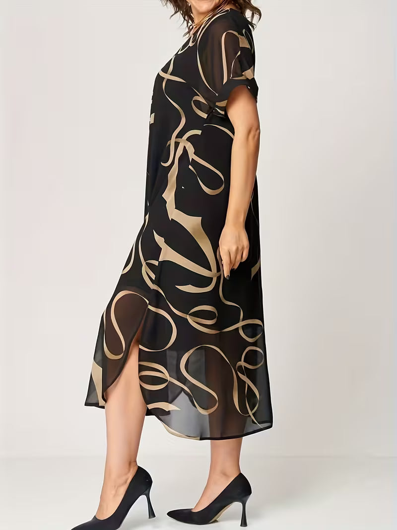 Amarelle — Fließendes V-Ausschnitt Midi-Kleid mit Schleifenmuster