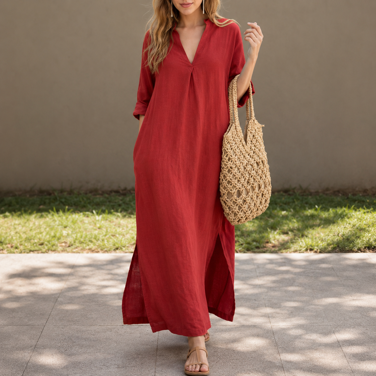 Isabeau — Midi-Kleid mit V-Ausschnitt und Schlitz