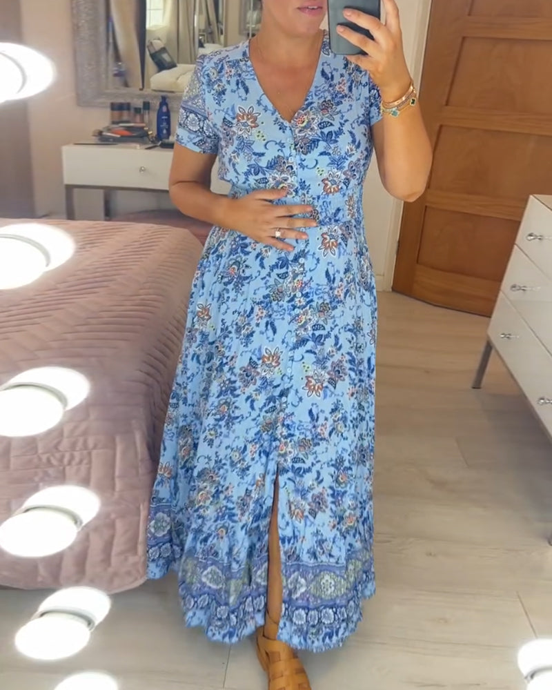 Elarosse — Midi-Kleid mit V-Ausschnitt und Blumenmuster