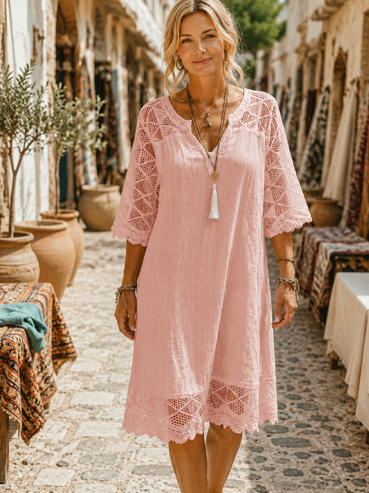 Kim — Spitzen-Patchwork-Kleid mit V-Ausschnitt, Casual-Stil