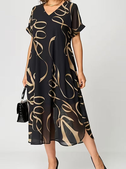 Amarelle — Fließendes V-Ausschnitt Midi-Kleid mit Schleifenmuster