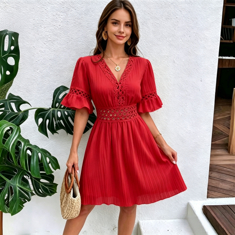 Vervaine — V-Ausschnitt-Kleid mit Spitzen-Cutouts