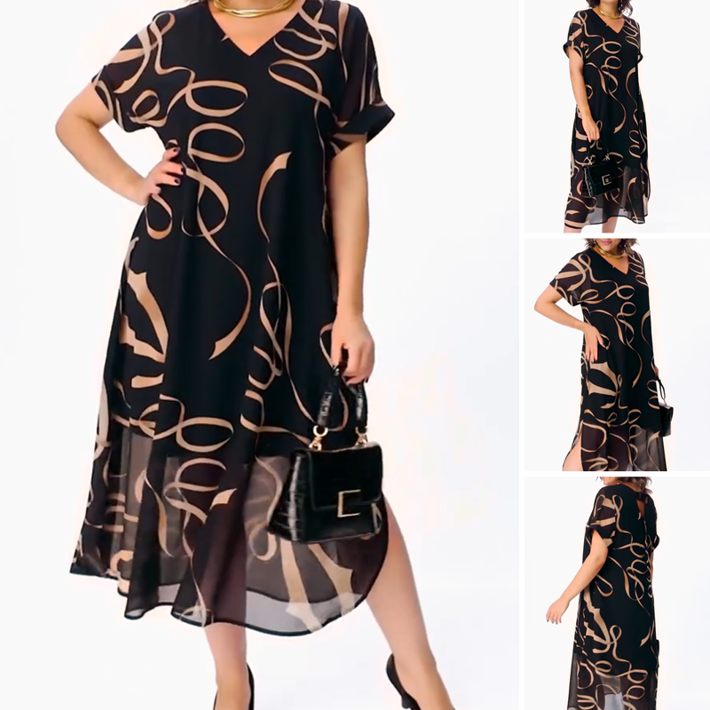 Amarelle — Fließendes V-Ausschnitt Midi-Kleid mit Schleifenmuster