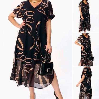 Amarelle — Fließendes V-Ausschnitt Midi-Kleid mit Schleifenmuster