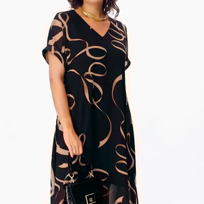 Amarelle — Fließendes V-Ausschnitt Midi-Kleid mit Schleifenmuster
