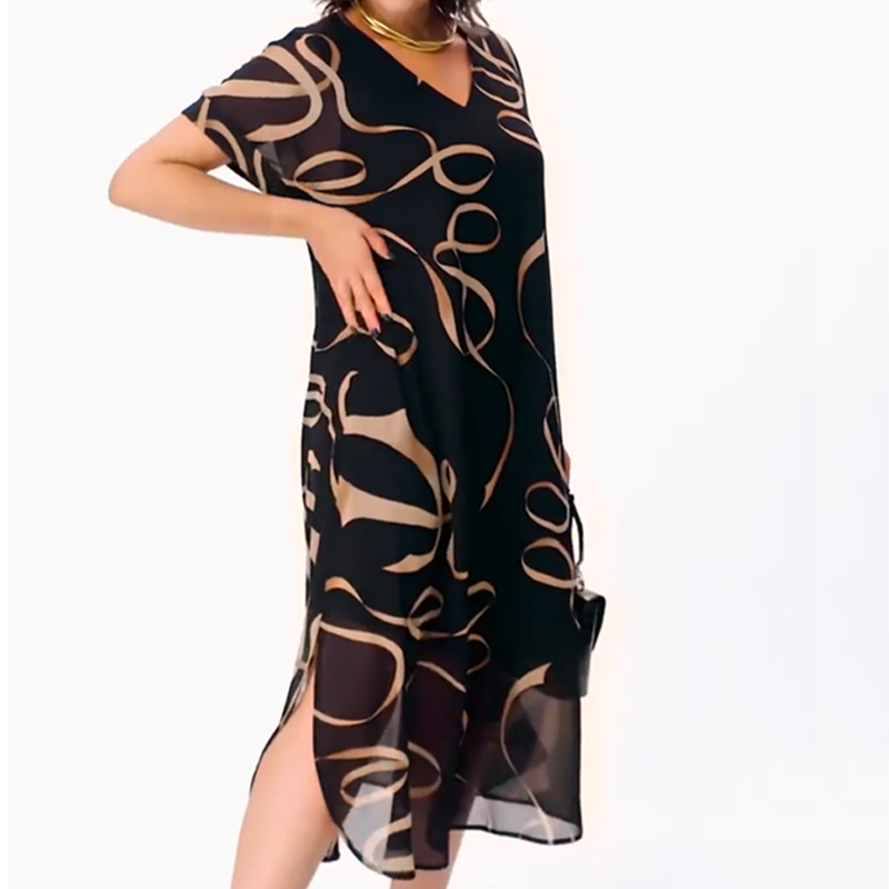 Amarelle — Fließendes V-Ausschnitt Midi-Kleid mit Schleifenmuster
