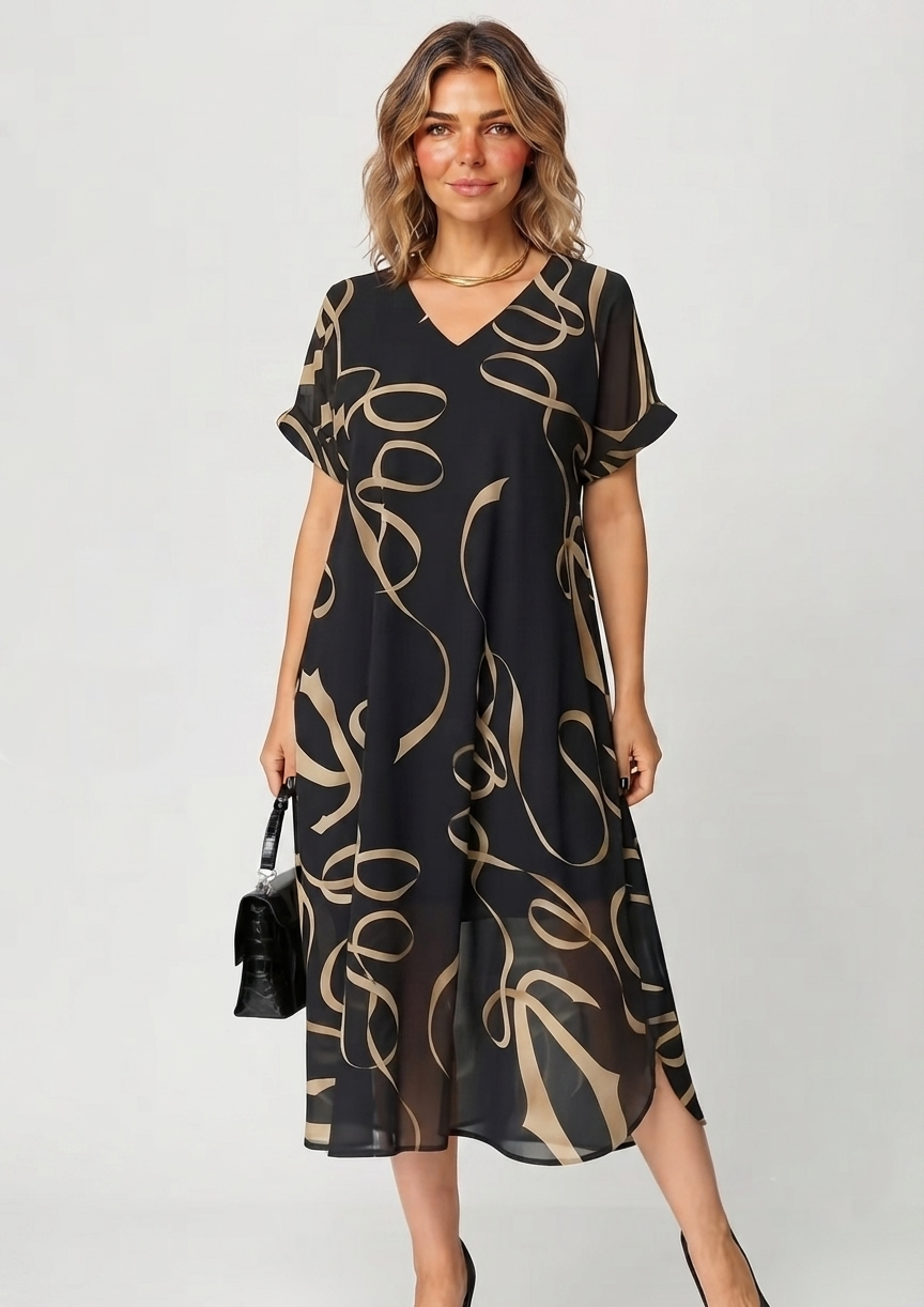 Amarelle — Fließendes V-Ausschnitt Midi-Kleid mit Schleifenmuster