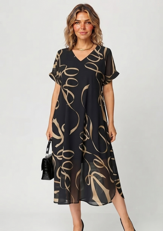 Amarelle — Fließendes V-Ausschnitt Midi-Kleid mit Schleifenmuster