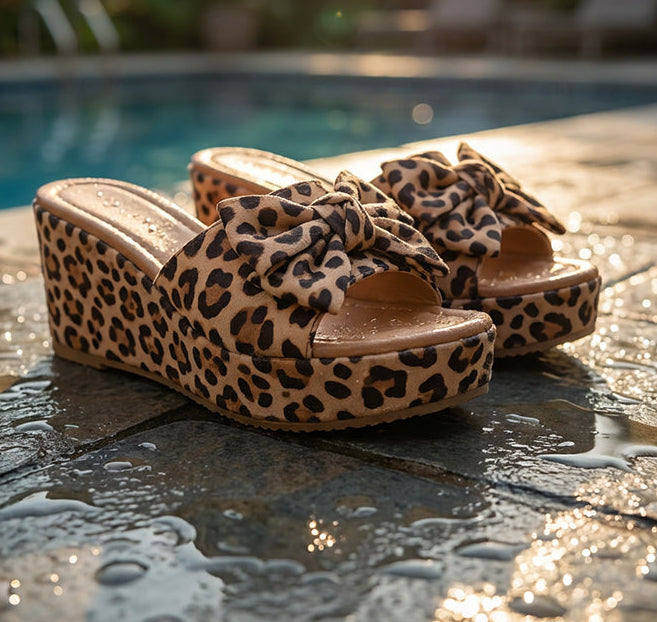 Solaine — Leoparden-Print Bogen Wedge Plattform Sandalen