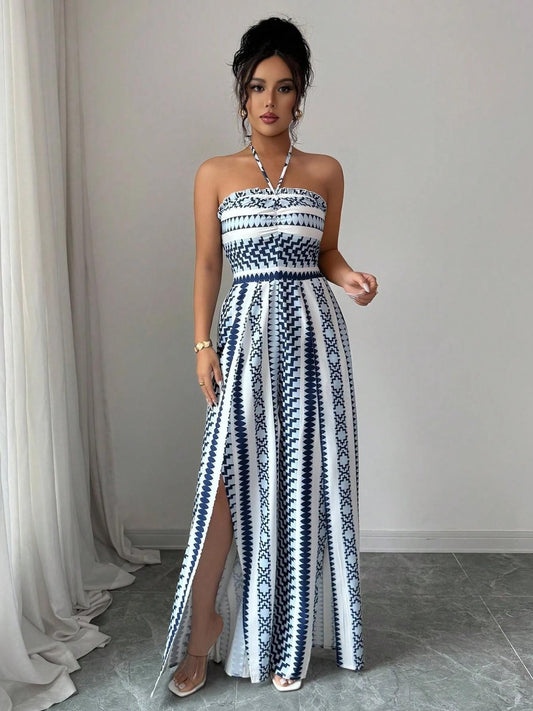 Vaelisse — Halter-Neck Jumpsuit mit geometrischem Druck und seitlichem Schlitz